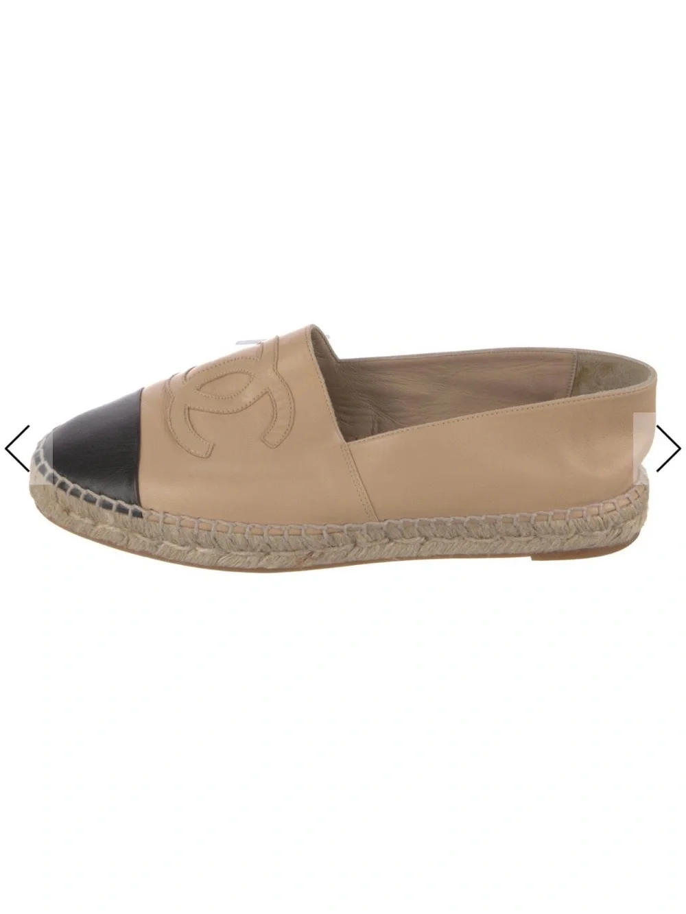 NEW Authentic CHANEL Beige Leather Logo Espadrilles with Black Cap Toe Sz 41/10